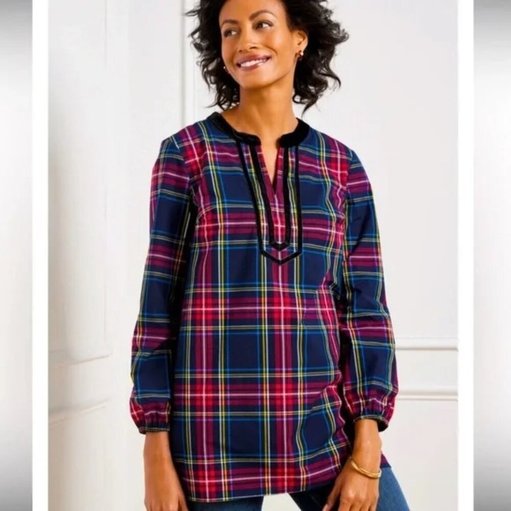 Talbots Split Neck Tunic Blouse In Cabin Plaid In Classic Red Multi Size M EUC